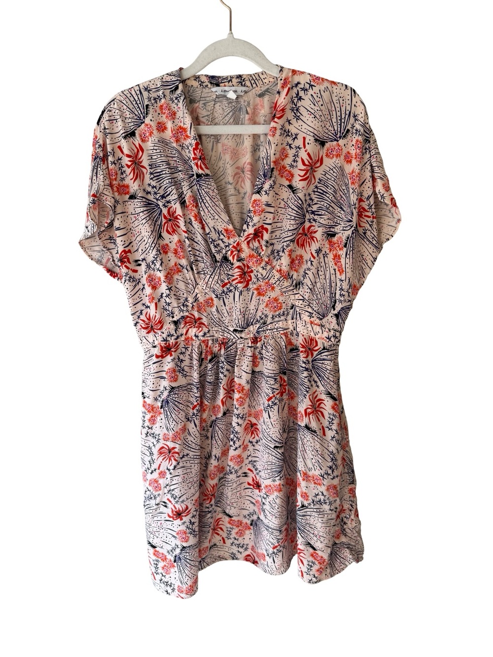 & Other Stories Red and Navy Floral V-Neck Faux Wrap Mini Dress Size 12 Scandi
